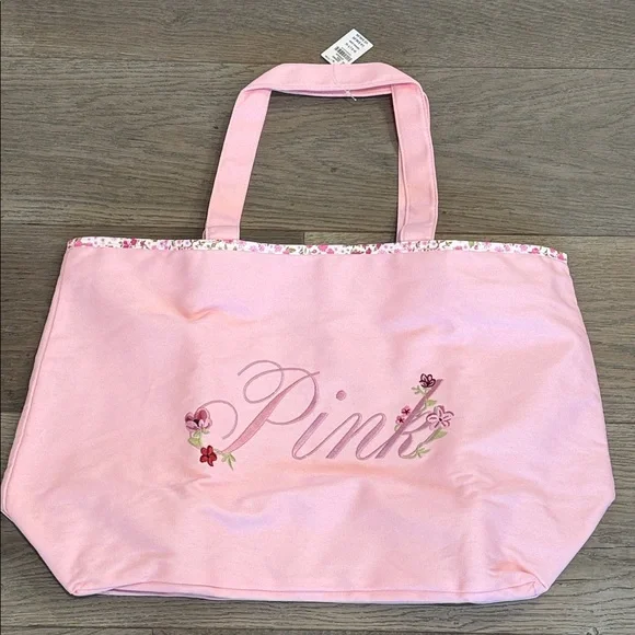 Victoria’s Secret PINK Pink Canvas Floral Embroidered Tote Bag Zip Top 1 Pocket - Picture 4 of 11